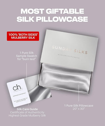 SUNDAYSILKS™ Premium Silk Pillow Cases | 100% Mulberry Silk Pillowcase with Zipper, All Sides Real 22 Momme Grade 6A Silk, Standard Queen, King Size [Silver Quartz]
