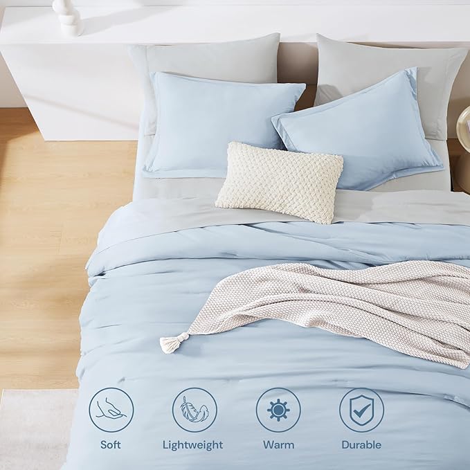 WRENSONGE Queen Comforter Set - 7 Pieces Ice Blue Soft Bed in a Bag Queen with Fitted Sheet, Flat Sheet, 2 Pillow Shams, and 2 Pillowcases- Warm Bedding Sets for All Season