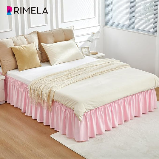 RIMELA Pink Bed Skirt Twin Size 15 Inch Drop, Elastic Bed Skirting for Bed Base and Frame, Bedding Dust Ruffle Easy to Install, Lightweight Wrap Around Adjustable Bedskirt