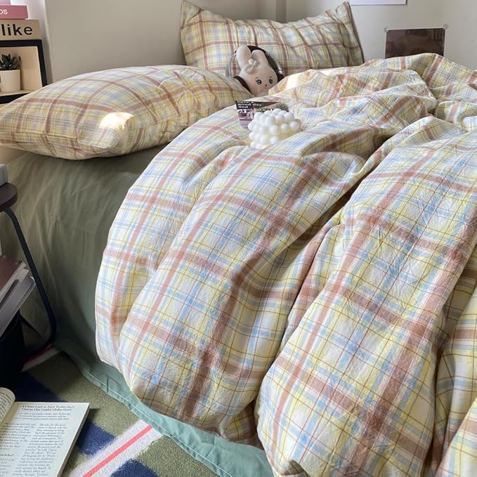 EAVD Vintage Style Buffalo Plaid Duvet Cover Twin Size 3 Pieces Grid Plaid Bedding Set Soft 100% Washed Cotton Aesthetic Gingham Duvet Cover with 2 Pillowcases Colorful Grid Checkered Bedding Set