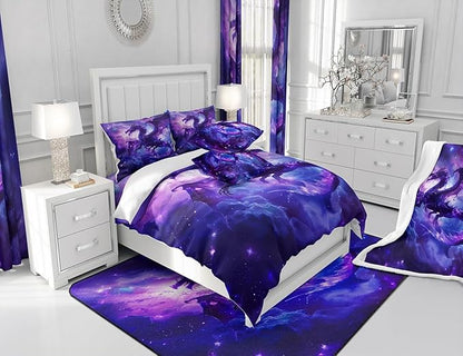 Dragon Comforter Set King Size,Magical Animals Bedding Set 3Pcs,Kids Girls Boys Teens Room Decor,Outer Space Starry Sky Quilt Set Purple Western Wildlife Theme Duvet Insert,2 Pillowcases