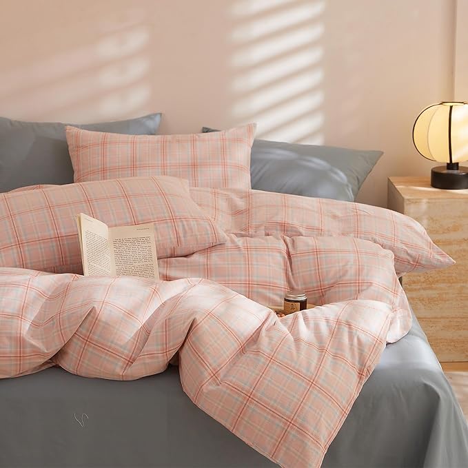 Plaid Comforter King Size Down Alternative Washed Cotton Bedding Set Fluffy Cute Super Soft Boho Bedding Comforter Sets Machine Washable Cozy Puffy Chic Bed Comforter with 2 Pillowcases