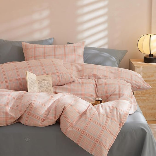 Plaid Comforter King Size Down Alternative Washed Cotton Bedding Set Fluffy Cute Super Soft Boho Bedding Comforter Sets Machine Washable Cozy Puffy Chic Bed Comforter with 2 Pillowcases