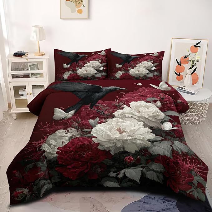 5Pcs Twin Size Vintage Botanical Flowers Comforter Set for Girls, Black Crows Bedding Sets, 100% Washed Microfiber, 1 Comforter 68"x 90" and 2 Pillowcases, 1 Fitted Sheet, 1 Flat Sheet