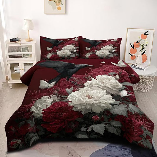 5Pcs Twin Size Vintage Botanical Flowers Comforter Set for Girls, Black Crows Bedding Sets, 100% Washed Microfiber, 1 Comforter 68"x 90" and 2 Pillowcases, 1 Fitted Sheet, 1 Flat Sheet