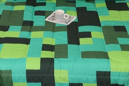 Pixel Grid Miners Kids Bedding Set King Size,Geometric Grid Patchwork Pixelated Comforter Set，Cartoon Gamepad Video Games Quilt Comforter,Cyan Green Bedroom Duvet Insert,2 Pillowcases