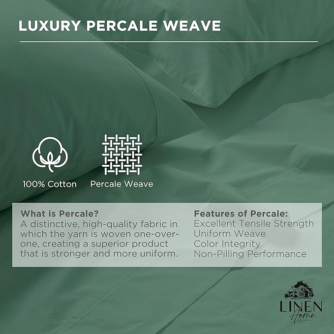 Linen Home 100% Cotton Percale Pillowcases Queen Size, Frosty Green, 2 Pieces of Pillow Case, Crisp and Cool Strong Bed Linen, 20 inches X 30 inches