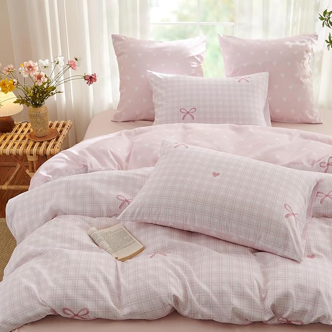Pink Queen Comforter Set - Pink Bow Comforter Set Queen Size, Heart Quilt Bedding Set 3 Pieces, Soft & Lightweight Comforter(90‘’ x 90‘’) for Girl All Season & 2 Pillowcases(30‘’x20‘’)