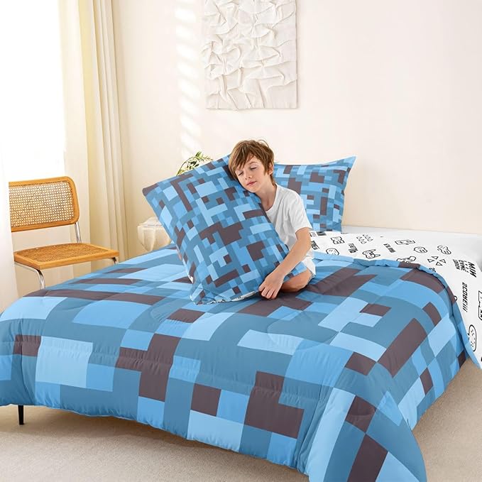 Pixel Grid Miners Comforter Set King Size,Reversible Gamepad Video Games Kids Bedding Set,Army Camo Geometric Quilt Comforter,Black Light Blue Duvet Insert,2 Pillowcases