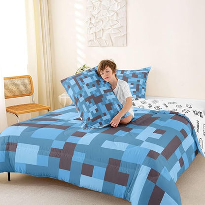 Pixel Grid Miners Comforter Set King Size,Reversible Gamepad Video Games Kids Bedding Set,Army Camo Geometric Quilt Comforter,Black Light Blue Duvet Insert,2 Pillowcases