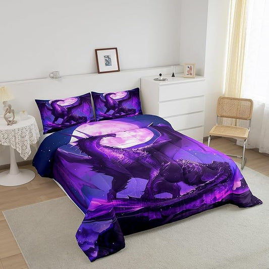 Purple Dragon Comforter Set Full Size,3D Moon Starry Sky Glitter Bedding Set for Kids Boys Girls Room Decor,Wild Animal Print Quilt Set,Flying Magical Dragon Trippy Duvet Insert 3Pcs,2 Pillowcases