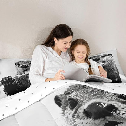 Erosebridal Sea Otter Bedding Set Queen Size Cute Animal Comforter Set for Kids Boys Girls Kawaii Marine Brush Teeth White Beige Grey Comforter Warm Soft Quilt Insert