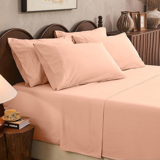 100% Linen Sheet Set Queen Size Extra Deep Pocket Fits 18-24 Inch Mattress, Breathable & Soft, Smooth 6-Piece Set for Thick Mattresses Hotel Luxury Bedding（Queen, Light Red）