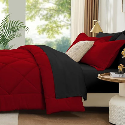 FUANNA 7 Pieces Full Size Comforter Sets, All Season Bedding Sets Full Size, Luxury Soft Bed in a Bag with Comforter, Flat Sheet, Fitted Sheet, Pillowcases & Pillow Shams, Red & Black