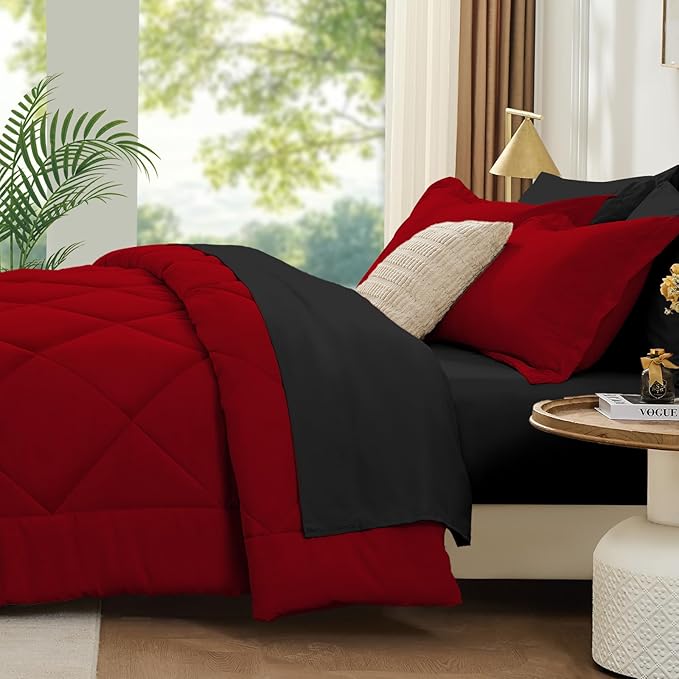 FUANNA 7 Pieces Queen Comforter Set, All Season Bed in a Bag Queen Size, Luxury Soft Bedding Sets with Comforter, Flat Sheet, Fitted Sheet, Pillowcases & Pillow Shams, Red & Black