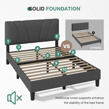 Novilla Queen Size Bed Frame Upholstered Queen Bed Frame with 3-Height Adjustable Headboard, Strong Weight Capacity, No Box Spring Needed, Easy Assembly, Grey
