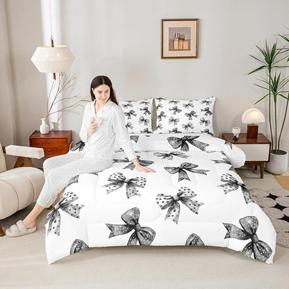 Erosebridal Bow Kids Comforter Set | Ribbon Black Bow Bedding Queen Size Coquette Bowknot with Dots Down Comforter Dreamy Princess Bowtie Duvet Set for Bedroom