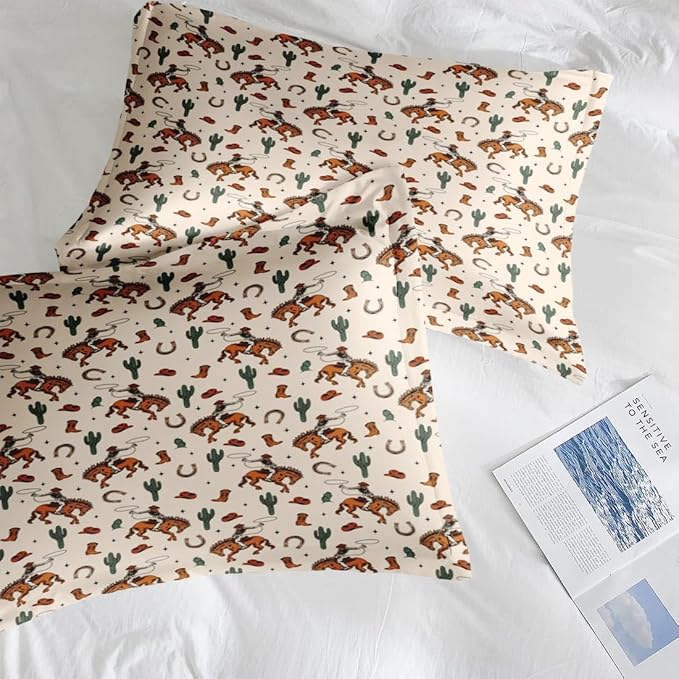 Comforter Set Queen Size, Western Cactus Cowboy 7 Pcs Bedding for Kids and Adults, Boho Retro Cowgirl Bed Sheet Sets with Fitted Sheet 2 Pillowcases & 2 Shams for Bedroom Bed Decor