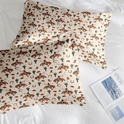 Comforter Set Queen Size, Western Cactus Cowboy 7 Pcs Bedding for Kids and Adults, Boho Retro Cowgirl Bed Sheet Sets with Fitted Sheet 2 Pillowcases & 2 Shams for Bedroom Bed Decor