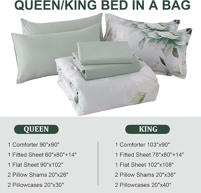 Dobuyly Floral Comforter Set Queen 7 Piece Bed in a Bag, Sage Green Reversible Comforter Set with Sheets, Soft Microfiber Botanical Flowers Summer Bedding Set for All Season
