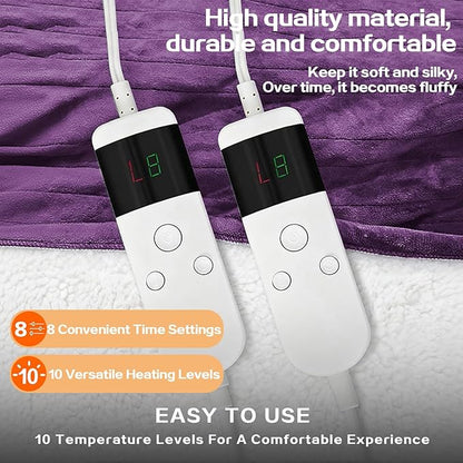 Electric Heated Blanket King Size 90''x100'' - Dual-Control Heating Blanket, Soft & Warm Flannel 10-Level Temperature Control, 8 Hours Auto Off, Rapid Heating & Overheat Protection