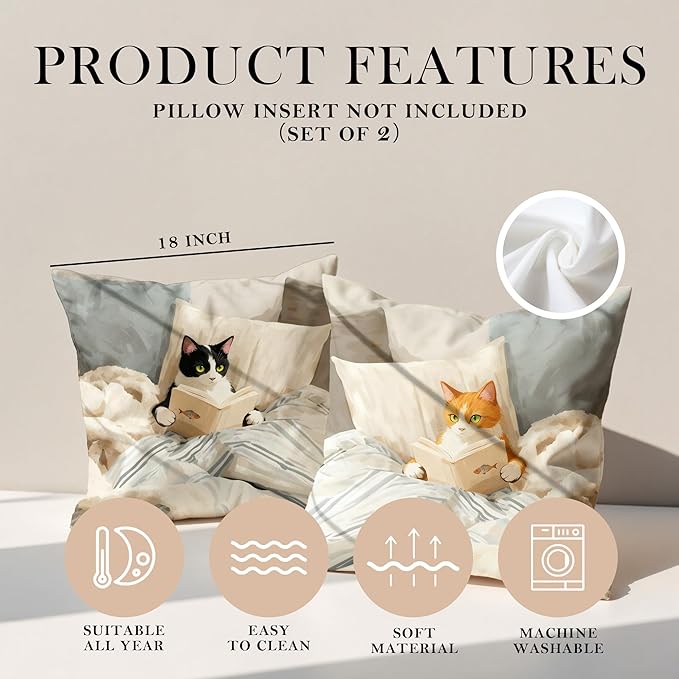 Funny Cat Reader Book Throw Pillow Cover 18 x 18 Set of 2, Gifts for Book Lovers, Reading Nook Corner Decor, Preppy Floral Black Orange Tabby Tuxedo Cats Bookish Pillowcase（02）