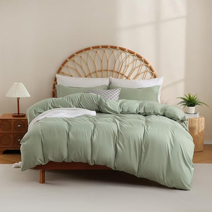 JSD Sage Green Duvet Cover Set Full Size, 3 Piece Duvet Cover with Pillow Shams, Soft Brushed Microfiber Zipper Closure, Comforter Not Included
