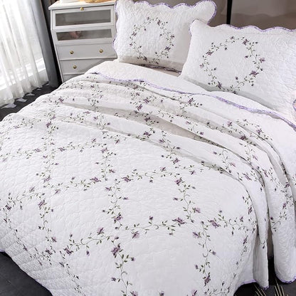vctops 3-Piece Elegant Floral Embroidered Bedspread Coverlet Set King Size 100% Cotton Reversible Patchwork 1 Quilt and 2 Pillow Shams (Purple,King)