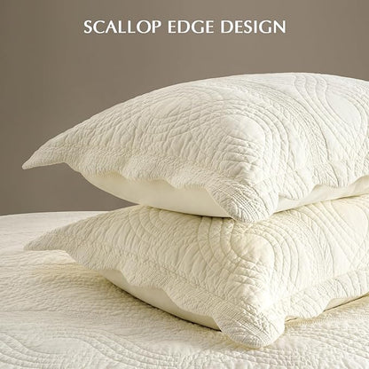 EVERGRACE 100% Cotton Scallop Quilt Set, Queen Size 3 Piece Set – Lightweight Bedspread with 2 Shams, Soft Prewashed Coverlet for Cozy and Elegant Bedding, Ivory Cream