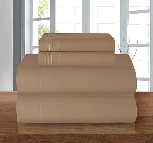 Elegant Comfort Luxury 1500 Premium Hotel Quality Microfiber 4-Piece Sheet Set - Wrinkle Resistant, All Around Elastic Fitted Sheet, Deep Pocket up to 16", RV Short Queen, Taupe