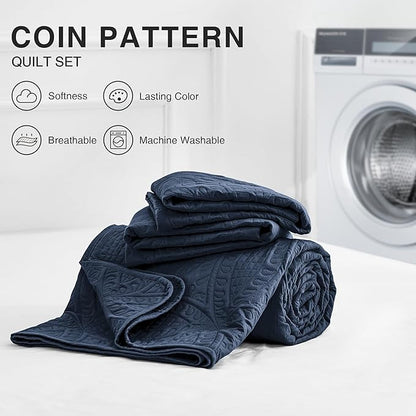 Love's cabin Quilts for Full Bed Navy Bedspreads Bedding Set - Summer Lightweight Bedspread Comforter - Coin Pattern Bedding Coverlet for All Season - 3 Pieces (1 Quilt, 2 Pillow Shams)