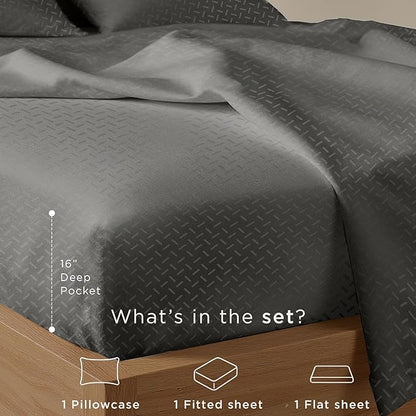 Threadmill Cotton Twin Sheet Set | 100% Cotton Sheets for Twin Size Bed | Damask Jacquard Sateen Twin Bed Sheets Set with 16” Deep Pocket | Soft Breathable 3-Piece Cooling Sheet Set | Dark Grey