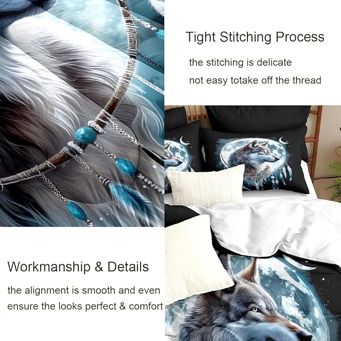 Wolf Comforter Set King Size, Wolves Moon Bedding Set, Dream Catcher & Animal Pattern on Black Bedding, Western Boho Tribal Comforter Soft Microfiber Down Quilt 3 Pieces