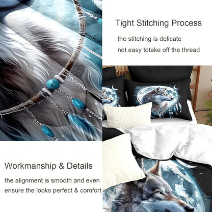 Wolf Comforter Set King Size, Wolves Moon Bedding Set, Dream Catcher & Animal Pattern on Black Bedding, Western Boho Tribal Comforter Soft Microfiber Down Quilt 3 Pieces