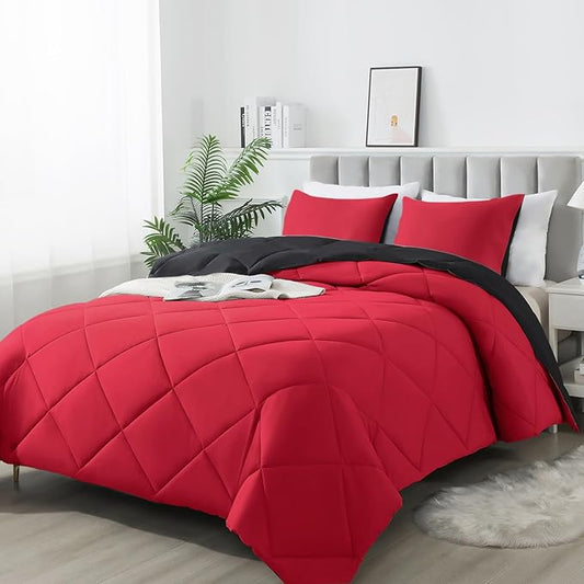 3-Piece Queen Comforter Set,All-Season,Soft & Hypoallergenic &Breathable Bedding,Polyester Quilted,Down Alternative(Comforter*1 & Pillowcases*2),Black/Bright Red