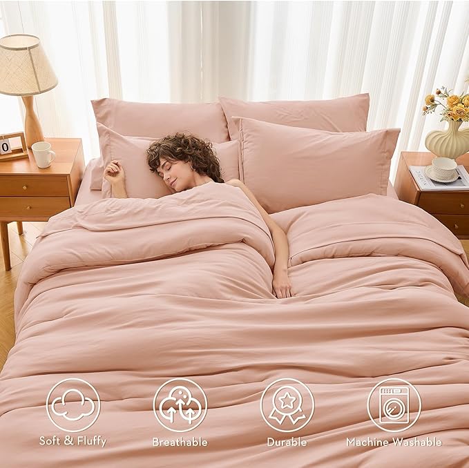MUXHOMO 7 Pieces California King Comforter Set, Soft Bed in a Bag Cal King Size, All Season Bedding Set with Comforter, Flat Sheet, Fitted Sheet, Pillowcases & Shams, Rose Gold