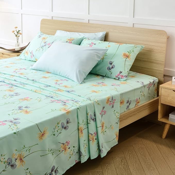 JSD Green Floral Sheet Set King Size 6 Piece, Soft Boho Printed Microfiber Bed Sheets Extra Deep Pocket, Oeko-TEX Certified