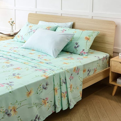 JSD Green Floral Sheet Set King Size 6 Piece, Soft Boho Printed Microfiber Bed Sheets Extra Deep Pocket, Oeko-TEX Certified
