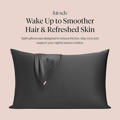 Kitsch Satin Pillowcase with Zipper for Hair & Skin - Softer Than Silk Pillow Cases, Smooth Cooling Satin Pillow Case, Wrinkle-Free, Machine Washable, Pillow Cases Standard Size 19x26 - Charcoal, 2pc