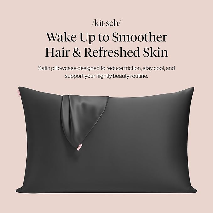 Kitsch Satin Pillowcase with Zipper for Hair & Skin - Softer Than Silk Pillow Cases, Smooth Cooling Satin Pillow Case, Wrinkle-Free, Machine Washable, Pillow Cases Standard Size 19x26 - Charcoal