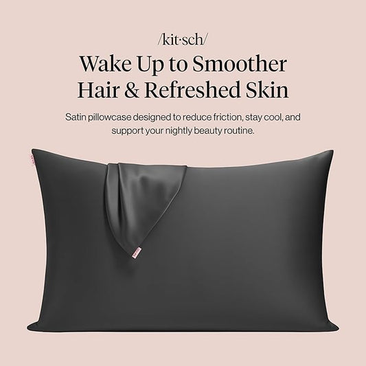 Kitsch Satin Pillowcase with Zipper for Hair & Skin - Softer Than Silk Pillow Cases, Smooth Cooling Satin Pillow Case, Wrinkle-Free, Machine Washable, Pillow Cases Standard Size 19x26 - Charcoal