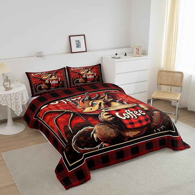 Feelyou Dragon Comforter Set Twin Size Dragon Stuff Comforter for Boys Girls Teens Coffee Bedding Set Dragon Decor Duvet Set Room Decor Red Brown Quilt Set