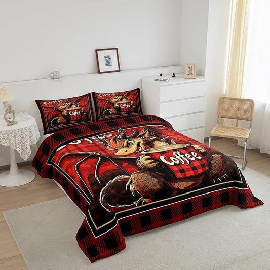 Feelyou Dragon Comforter Set Toddler Size Dragon Stuff Comforter for Boys Girls Teens Coffee Bedding Set Dragon Decor Duvet Set Room Decor Red Brown Quilt Set