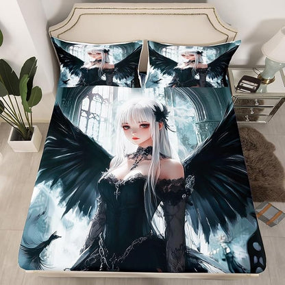 Erosebridal Anime Girl Bed Sheets Full Size, Kawaii Japanese Anime Fitted Sheet for Kids Boys Teens Adult, Cartoon Girl Bedding Set Japan Animation Bedroom, Machine Washable, Black White