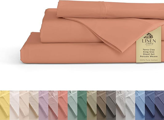 Linen Home 100% Cotton Percale Sheets King Size, Deep Pocket, 4-Piece Set - Crisp, Cool & Breathable, Long-Staple Combed Cotton Bedding, Hotel Quality, Made in Green, Tera Clay