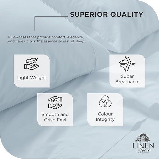 Linen Home 100% Cotton Percale Pillowcases Queen Size, Blue Duck Egg, 2 Pieces of Pillow Case, Crisp and Cool Strong Bed Linen, 20 inches X 30 inches