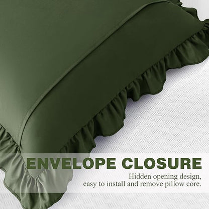 KKJIAF Ruffle Pillow Cases 18x18 Inches, Olive Green Square Ruffled Pillow Covers Set of 2, Microfiber Wrinkle Resistant Pillow Shams with Envelope Closure for Sofa Bed Living Room