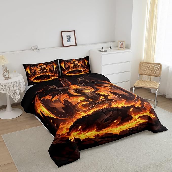 Castle Fairy Dragon Boys Kids Comforter Set Full Size,Orange Fire Western Animals Duvet Set Room Decor,Flames Dragon Brushed Microfiber Soft Bedding Comforter