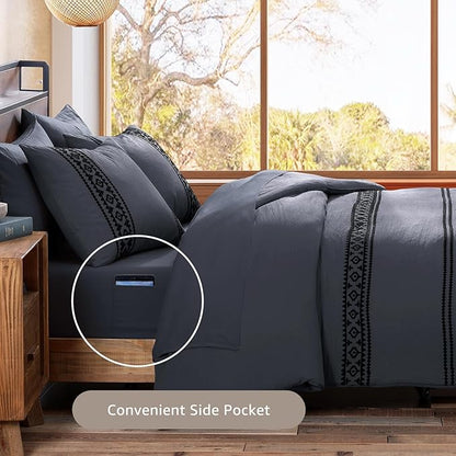 MaiRêve Embroidery King Size Comforter Set Crown Blue, Boho Farmhouse Western Bedding Set 7 Pieces, All Season Bed in A Bag Comforter Set with Sheets, Pillowcases & Shams
