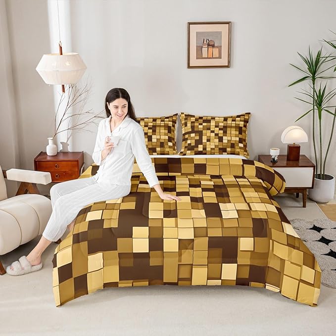 Pixelated Miners Game Kids Comforter Set Twin Size,Geometric Check Video Games Bedding Set Boys Room Decor,Gamepad Grid Modern Quilt Comforter,Dark Yellow Duvet Set Bedroom Quilt Set,1 Pillowcase